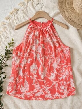 Silk Floral Halter Top | Coral & White Print | Size 4P